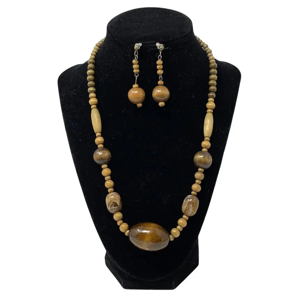 Handmade Artisan Wooden Beaded Necklace + Dangle Drop Earring Set Brown
